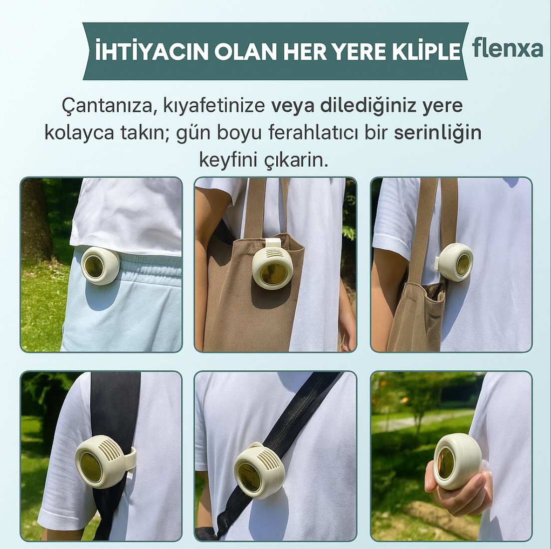 Flenxa™ Mini Klipsli Vantilatör – Taşınabilir, Sessiz ve Bıçaksız Serinlik!