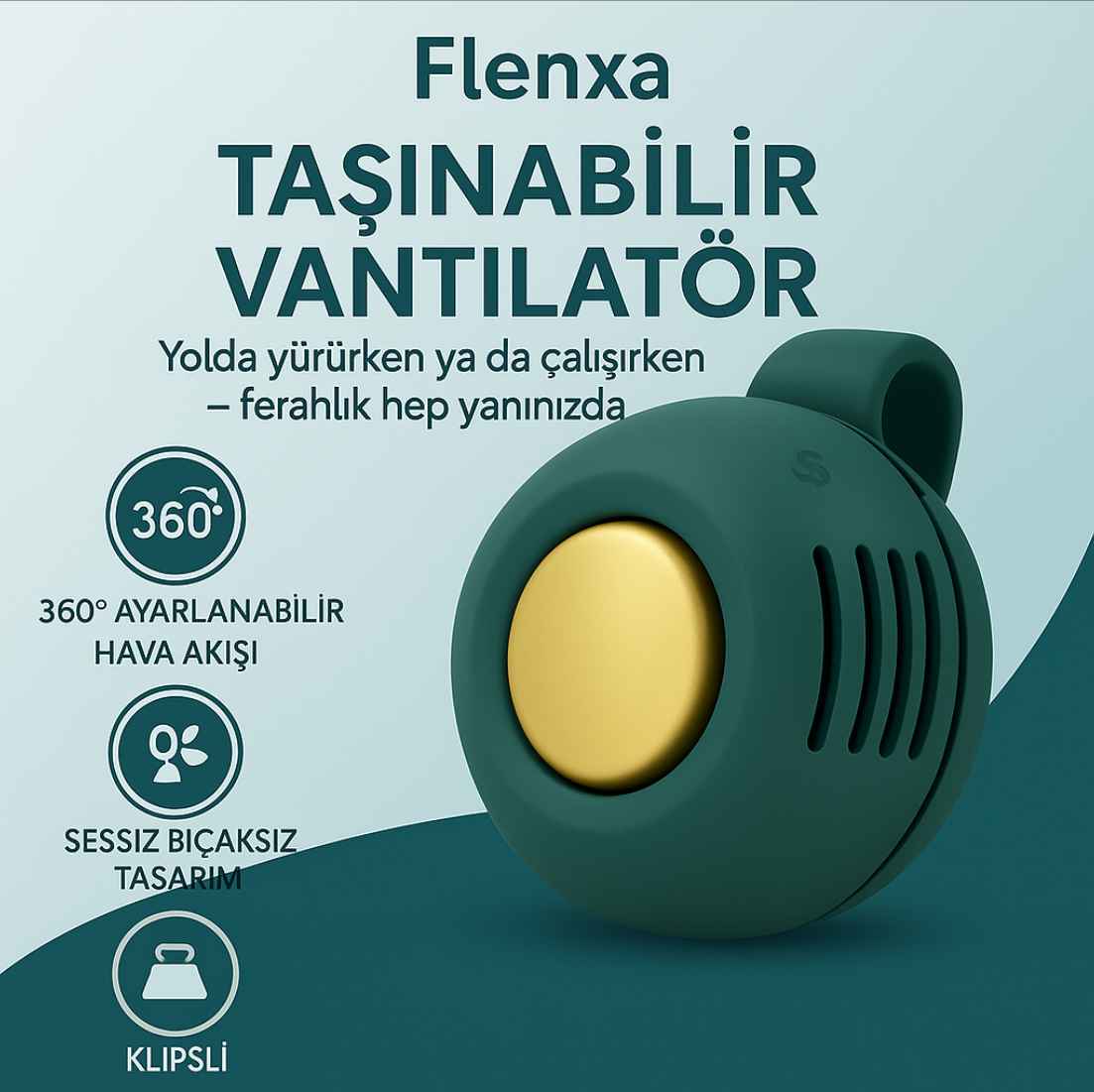 Flenxa™ Mini Klipsli Vantilatör – Taşınabilir, Sessiz ve Bıçaksız Serinlik!